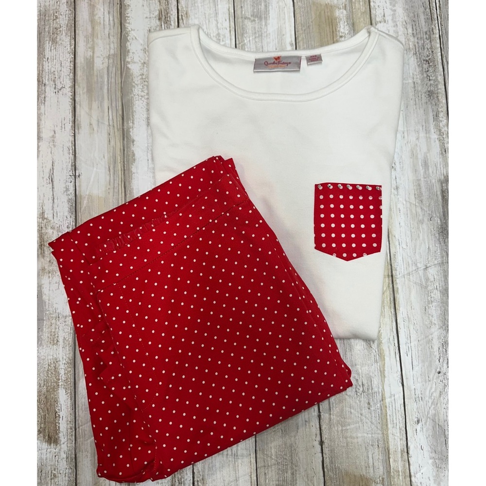 Quacker Factory Womens XXS White Top, Red‎ Polka Dot Pants size 4 Isaac Mizrahi